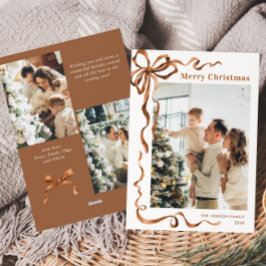Feestelijke Kerst Beige Boho Bow Ribbon 3 Foto Feestdagenkaart