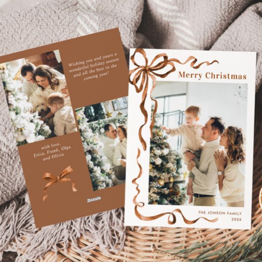 Feestelijke Kerst Beige Boho Bow Ribbon 3 Foto Feestdagenkaart
