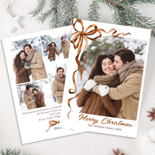 Feestelijke Kerst Beige Boho Bow Ribbon 5 Foto Feestdagenkaart