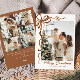 Feestelijke Kerst Beige Boho Bow Ribbon 5 Foto Feestdagenkaart