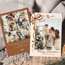 Feestelijke Kerst Beige Boho Bow Ribbon 5 Foto Feestdagenkaart