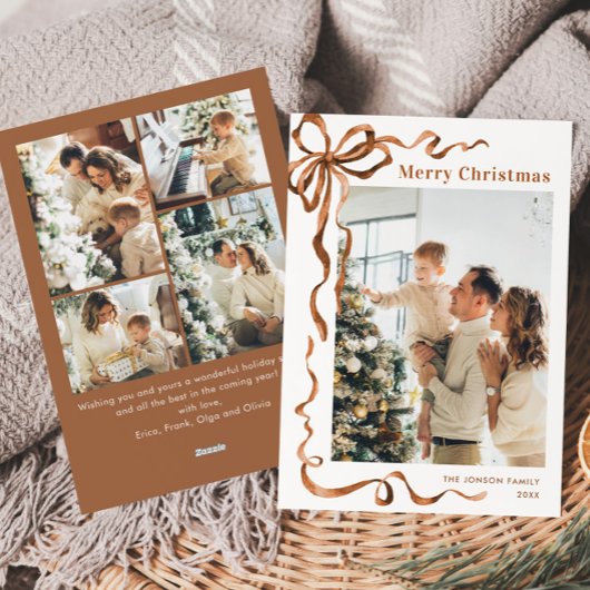 Feestelijke Kerst Beige Boho Bow Ribbon 5 Foto Feestdagenkaart