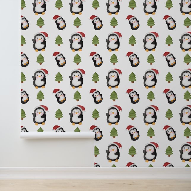 Feestelijke kerst betegelde patroon pinguïns behang (Applicatie)