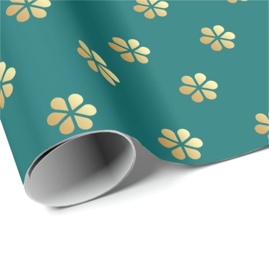 Feestelijke Kerst Blauwgroen & Gouden Daisy Cadeaupapier (Rol Hoek)