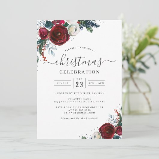 Feestelijke Kerst Bloemen Rood Zilver Party Kaart (Staand voorkant)