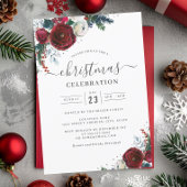 Feestelijke Kerst Bloemen Rood Zilver Party Kaart