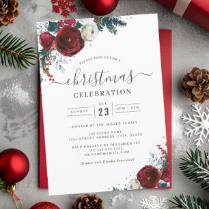 Feestelijke Kerst Bloemen Rood Zilver Party Kaart