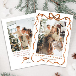 Feestelijke Kerst Boho Beige Bow Ribbon 2 Foto Feestdagenkaart