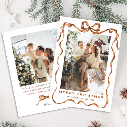 Feestelijke Kerst Boho Beige Bow Ribbon 2 Foto Feestdagenkaart