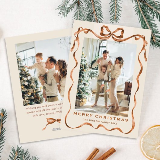 Feestelijke Kerst Boho Beige Bow Ribbon 2 Foto Feestdagenkaart