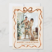 Feestelijke Kerst Boho Beige Bow Ribbon 2 Foto Feestdagenkaart (Voorkant)