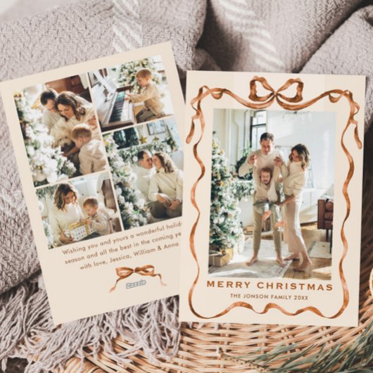 Feestelijke Kerst Boho Beige Bow Ribbon 5 Foto Feestdagenkaart