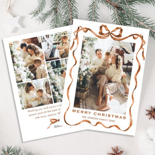 Feestelijke Kerst Boho Beige Bow Ribbon 5 Foto Feestdagenkaart