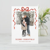 Feestelijke Kerst Boho Red Bow Ribbon 2 Foto Feestdagenkaart (Staand voorkant)