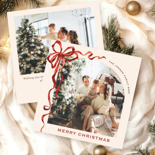 Feestelijke Kerst Boho Red Bow Ribbon 2 Foto Feestdagenkaart