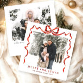 Feestelijke Kerst Boho Red Bow Ribbon 2 Foto Feestdagenkaart