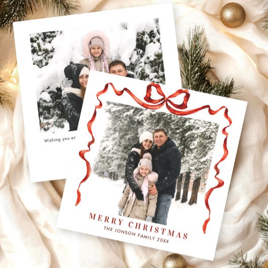 Feestelijke Kerst Boho Red Bow Ribbon 2 Foto Feestdagenkaart