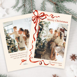 Feestelijke Kerst Boho Red Bow Ribbon 2 Foto Feestdagenkaart