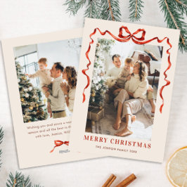 Feestelijke Kerst Boho Red Bow Ribbon 2 Foto Feestdagenkaart