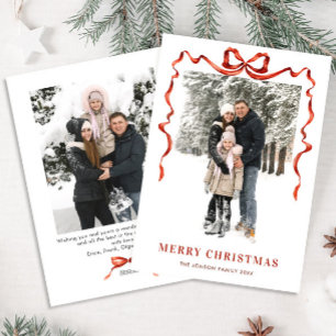 Feestelijke Kerst Boho Red Bow Ribbon 2 Foto Feestdagenkaart