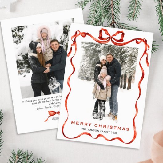 Feestelijke Kerst Boho Red Bow Ribbon 2 Foto Feestdagenkaart