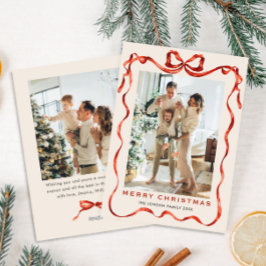 Feestelijke Kerst Boho Red Bow Ribbon 2 Foto Feestdagenkaart