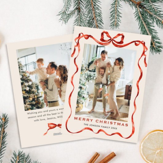 Feestelijke Kerst Boho Red Bow Ribbon 2 Foto Feestdagenkaart