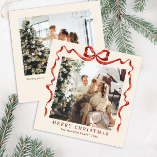 Feestelijke Kerst Boho Red Bow Ribbon 2 Foto Feestdagenkaart