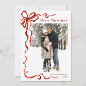 Feestelijke Kerst Boho Red Bow Ribbon 2 Foto Feestdagenkaart (Voorkant)