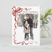 Feestelijke Kerst Boho Red Bow Ribbon 2 Foto Feestdagenkaart (Staand voorkant)