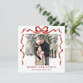 Feestelijke Kerst Boho Red Bow Ribbon 2 Foto Feestdagenkaart (Staand voorkant)