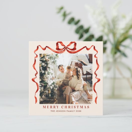 Feestelijke Kerst Boho Red Bow Ribbon 2 Foto Feestdagenkaart (Staand voorkant)