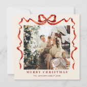 Feestelijke Kerst Boho Red Bow Ribbon 2 Foto Feestdagenkaart (Voorkant)