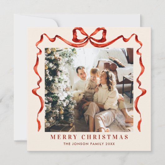 Feestelijke Kerst Boho Red Bow Ribbon 2 Foto Feestdagenkaart (Voorkant)