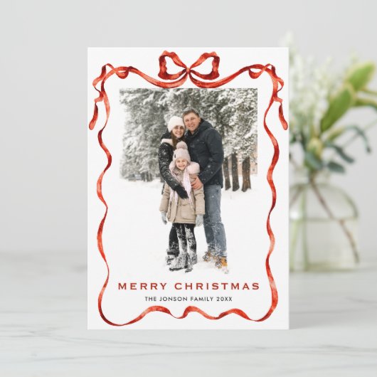 Feestelijke Kerst Boho Red Bow Ribbon 2 Foto Feestdagenkaart (Staand voorkant)