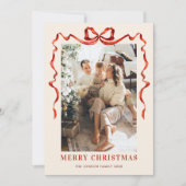 Feestelijke Kerst Boho Red Bow Ribbon 3 Foto Feestdagenkaart (Voorkant)