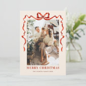 Feestelijke Kerst Boho Red Bow Ribbon 3 Foto Feestdagenkaart (Staand voorkant)