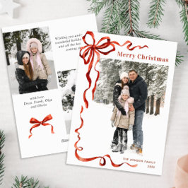 Feestelijke Kerst Boho Red Bow Ribbon 3 Foto Feestdagenkaart