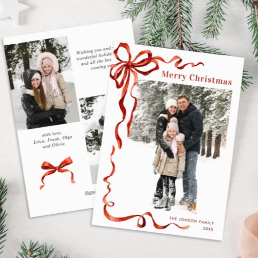 Feestelijke Kerst Boho Red Bow Ribbon 3 Foto Feestdagenkaart