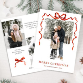 Feestelijke Kerst Boho Red Bow Ribbon 3 Foto Feestdagenkaart