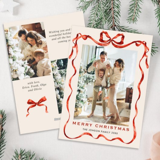 Feestelijke Kerst Boho Red Bow Ribbon 3 Foto Feestdagenkaart