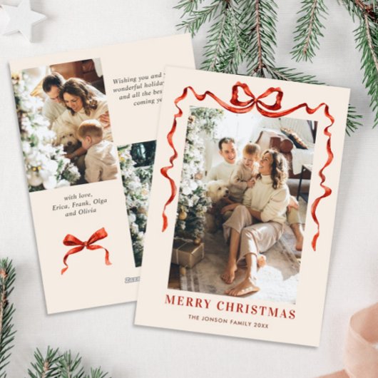 Feestelijke Kerst Boho Red Bow Ribbon 3 Foto Feestdagenkaart