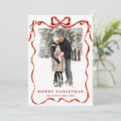 Feestelijke Kerst Boho Red Bow Ribbon 3 Foto Feestdagenkaart (Staand voorkant)