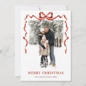 Feestelijke Kerst Boho Red Bow Ribbon 3 Foto Feestdagenkaart (Voorkant)