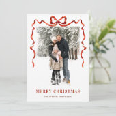 Feestelijke Kerst Boho Red Bow Ribbon 3 Foto Feestdagenkaart (Staand voorkant)