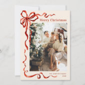 Feestelijke Kerst Boho Red Bow Ribbon 5 Foto Feestdagenkaart (Voorkant)