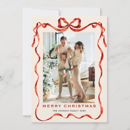 Feestelijke Kerst Boho Red Bow Ribbon 5 Foto Feestdagenkaart (Voorkant)