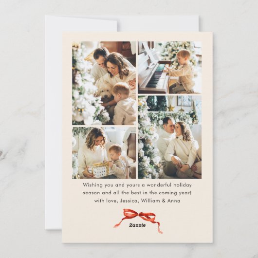 Feestelijke Kerst Boho Red Bow Ribbon 5 Foto Feestdagenkaart (Achterkant)