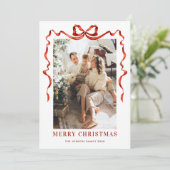 Feestelijke Kerst Boho Red Bow Ribbon 5 Foto Feestdagenkaart (Staand voorkant)