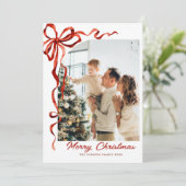 Feestelijke Kerst Boho Red Bow Ribbon 5 Foto Feestdagenkaart (Staand voorkant)